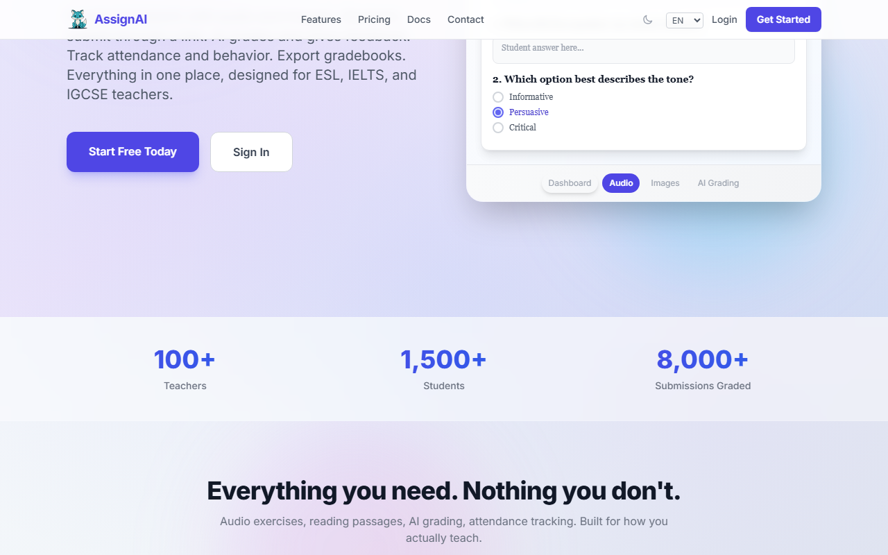 AssignAI key features for ESL homework and grading