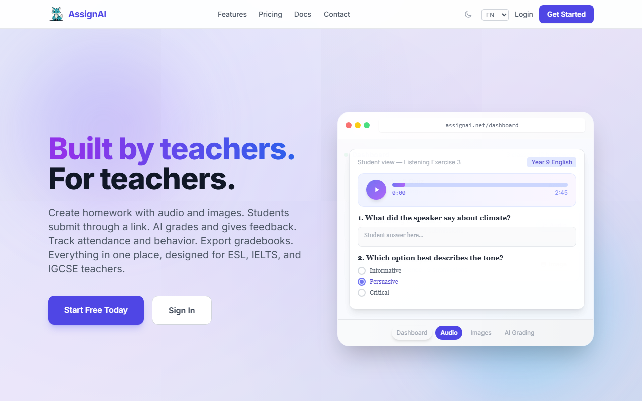 AssignAI homepage showing homework creation and AI grading for ESL teachers