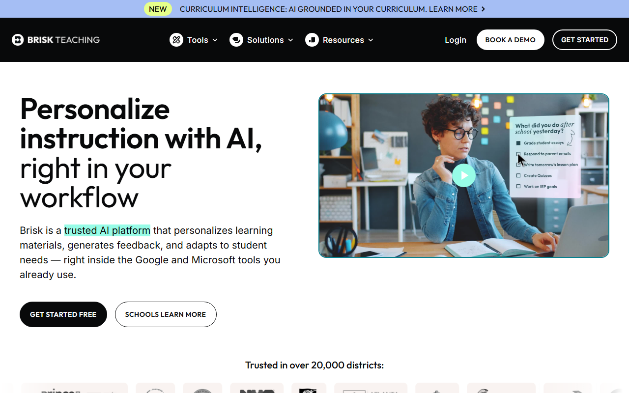 Brisk Teaching homepage showing the AI Chrome extension for teachers