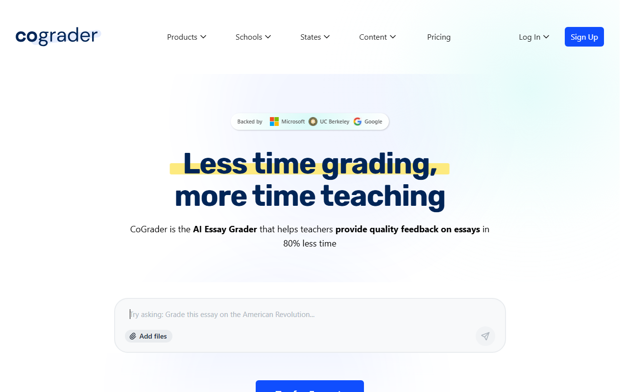 CoGrader homepage showing AI essay grading with rubric alignment