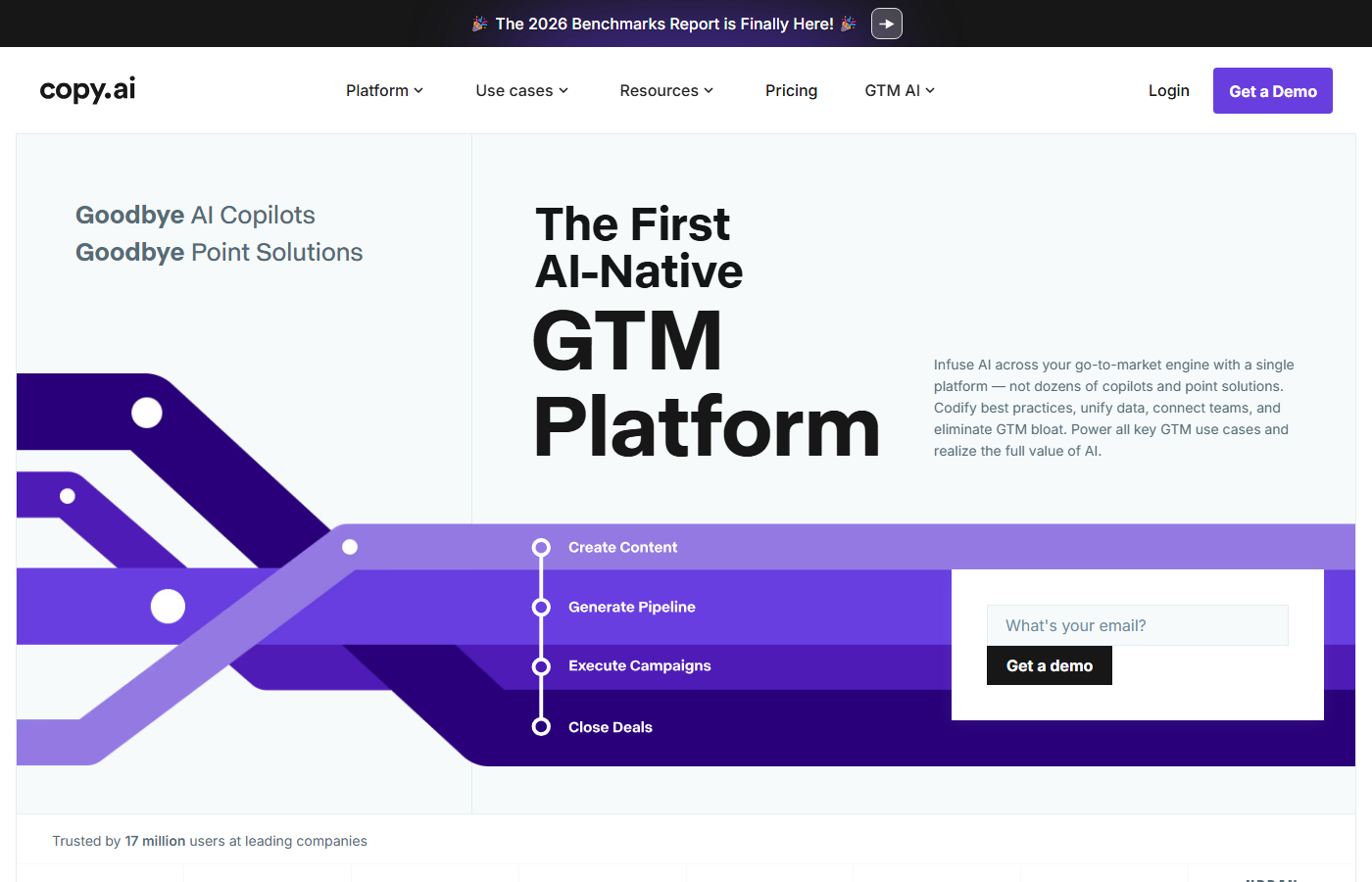 Copy.ai homepage showing AI-native GTM platform for marketing copy and workflows