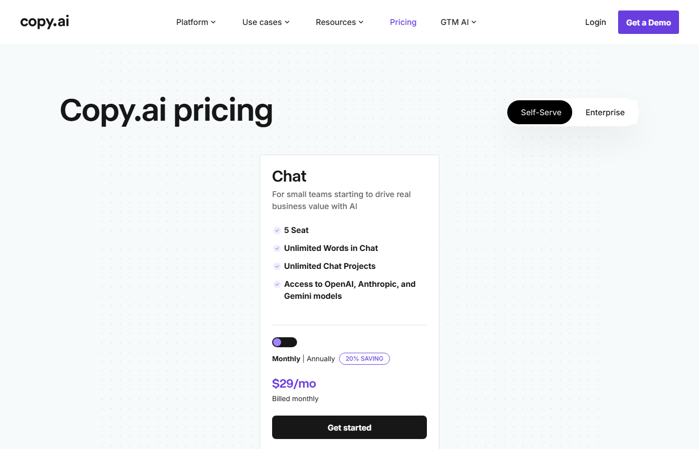 Copy.ai pricing plans with free and paid tiers