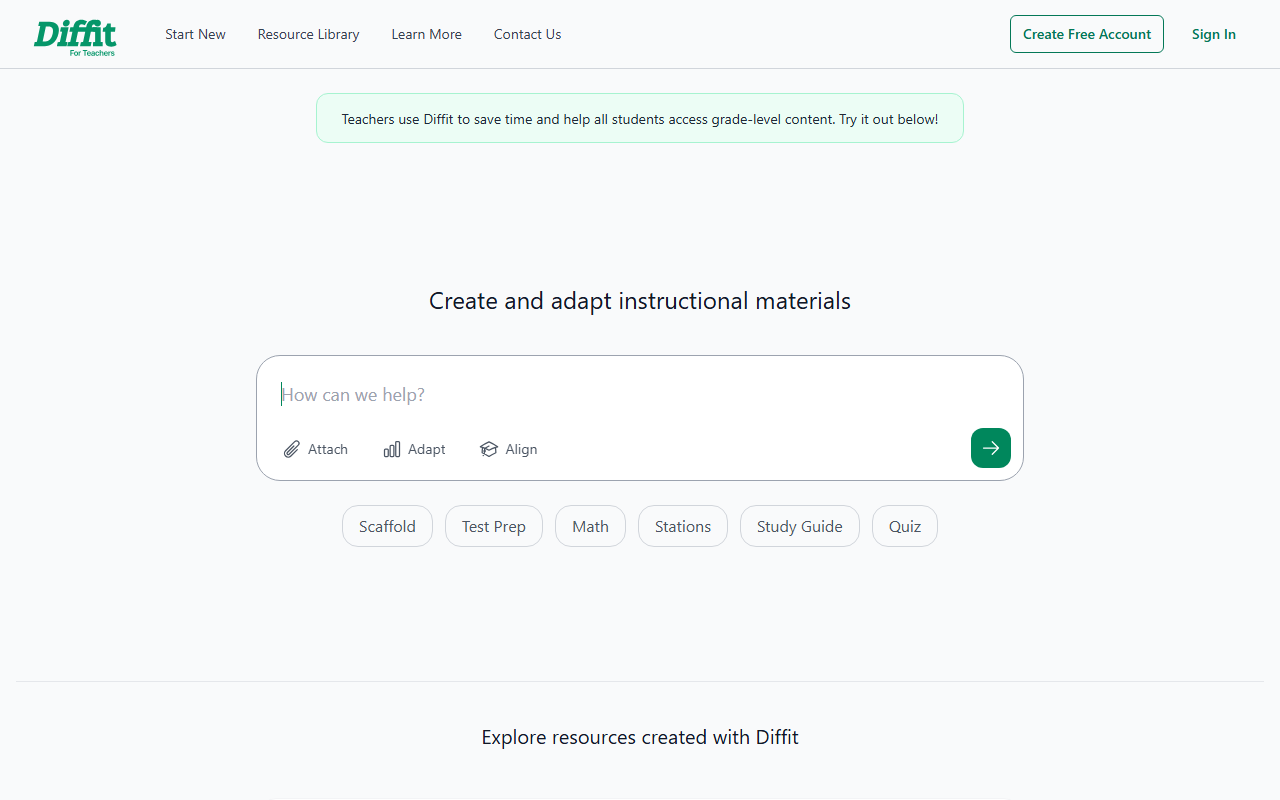 Diffit AI homepage showing the differentiated instruction platform for teachers