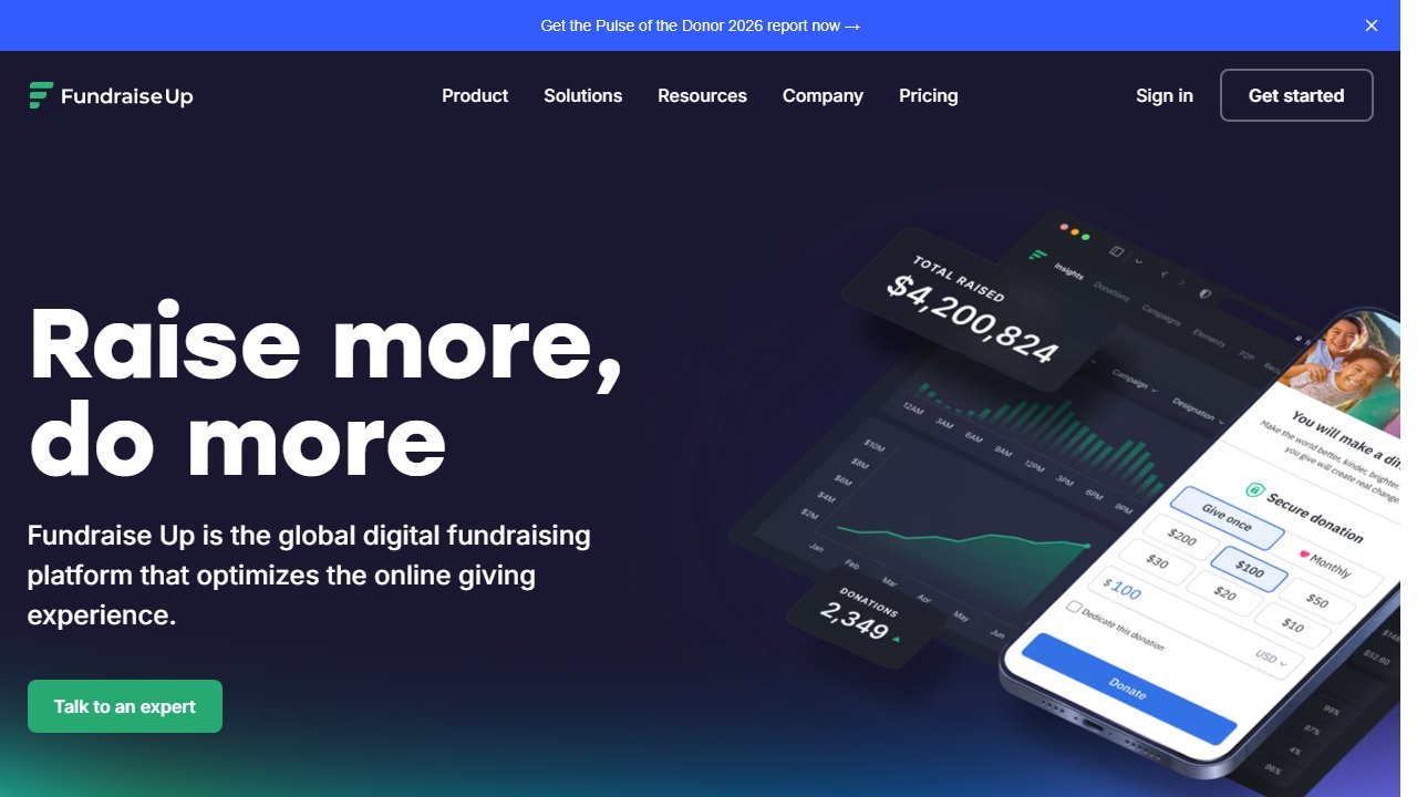 Fundraise Up homepage and interface