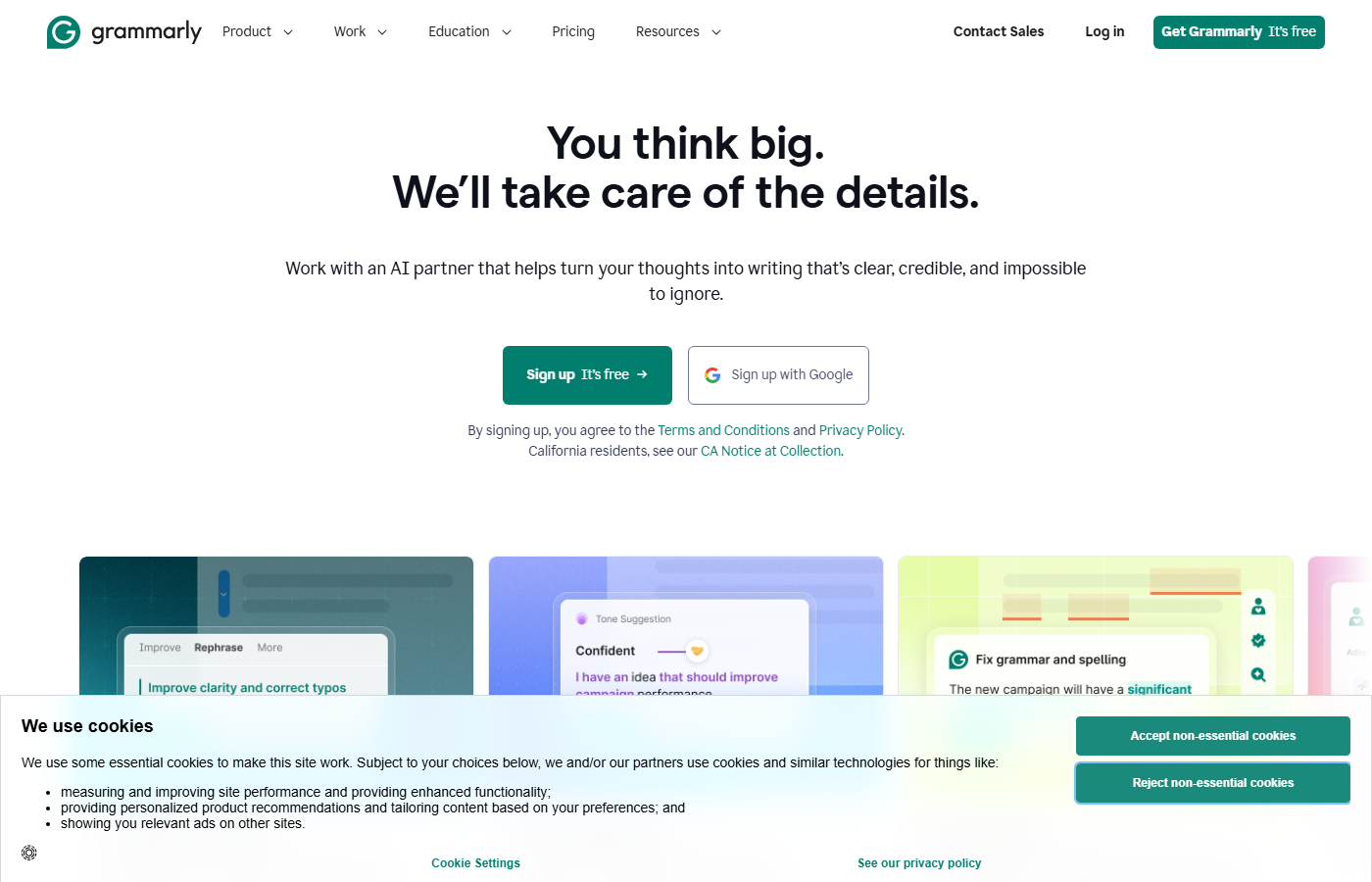 Grammarly homepage showcasing AI-powered writing assistance for grammar, clarity, and tone