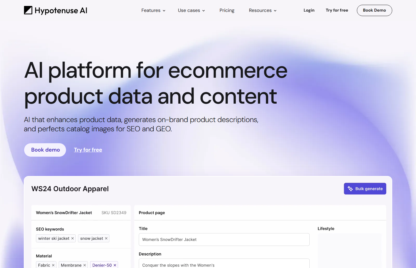 Hypotenuse AI homepage showing AI content generation platform for ecommerce and marketing