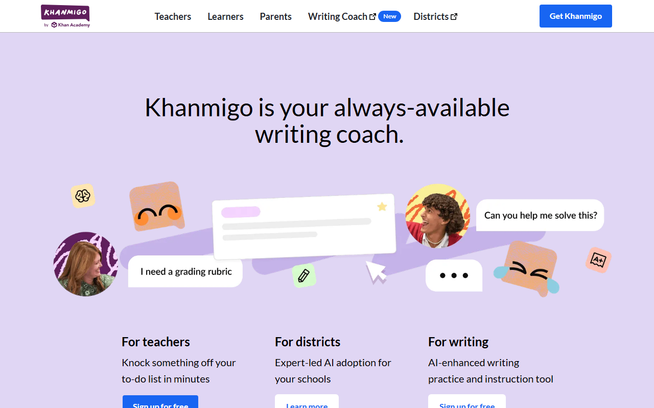 Khanmigo homepage showing Khan Academy's AI-powered tutor
