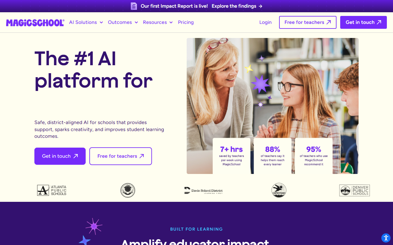 MagicSchool AI homepage showing 80+ AI tools for teachers