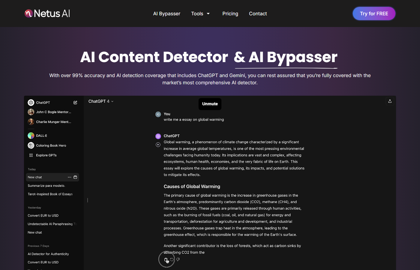 Netus AI homepage showing AI content detector and AI bypasser paraphrasing tool