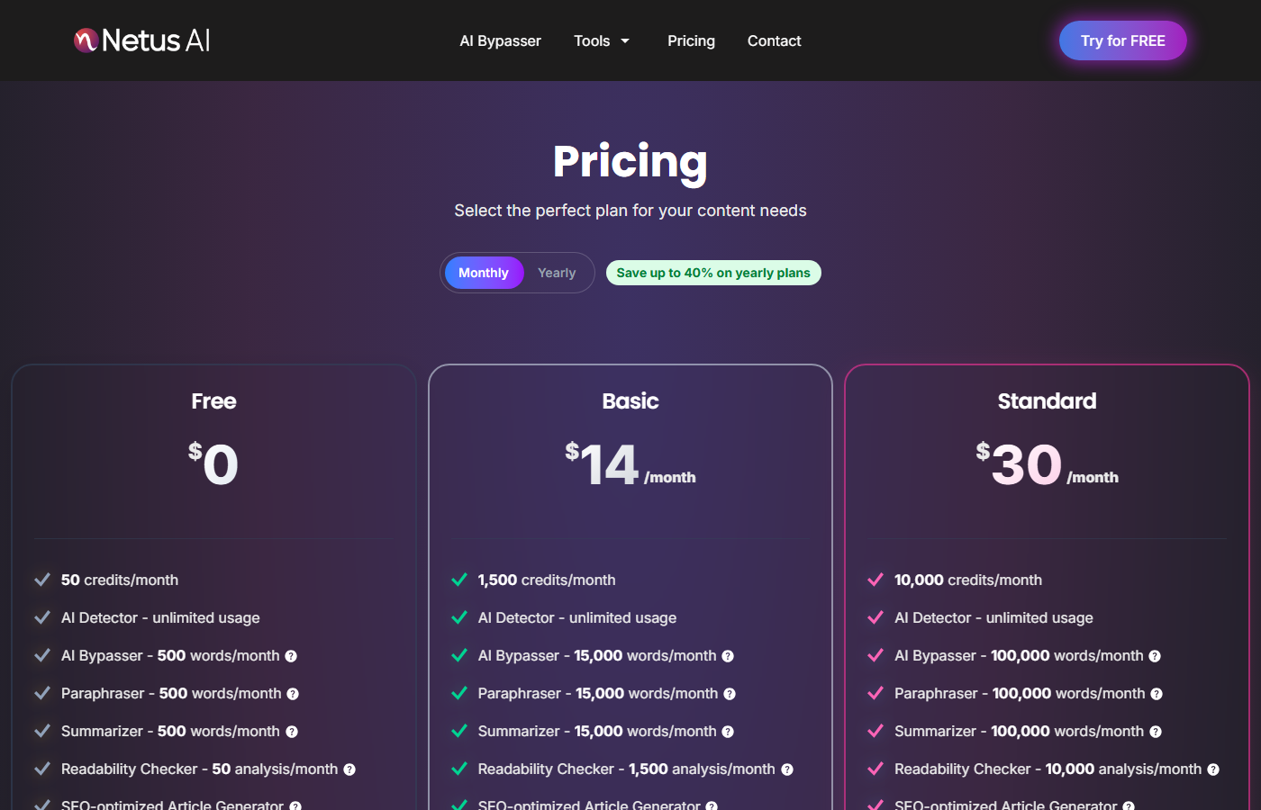 Netus AI pricing plans from Free to Elite tier
