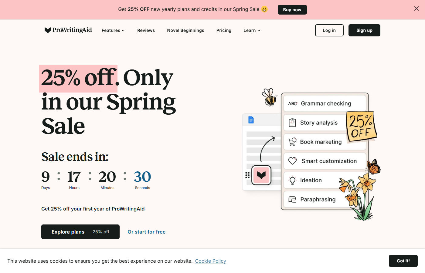 ProWritingAid homepage showing writing analysis tools for the comparison with Grammarly