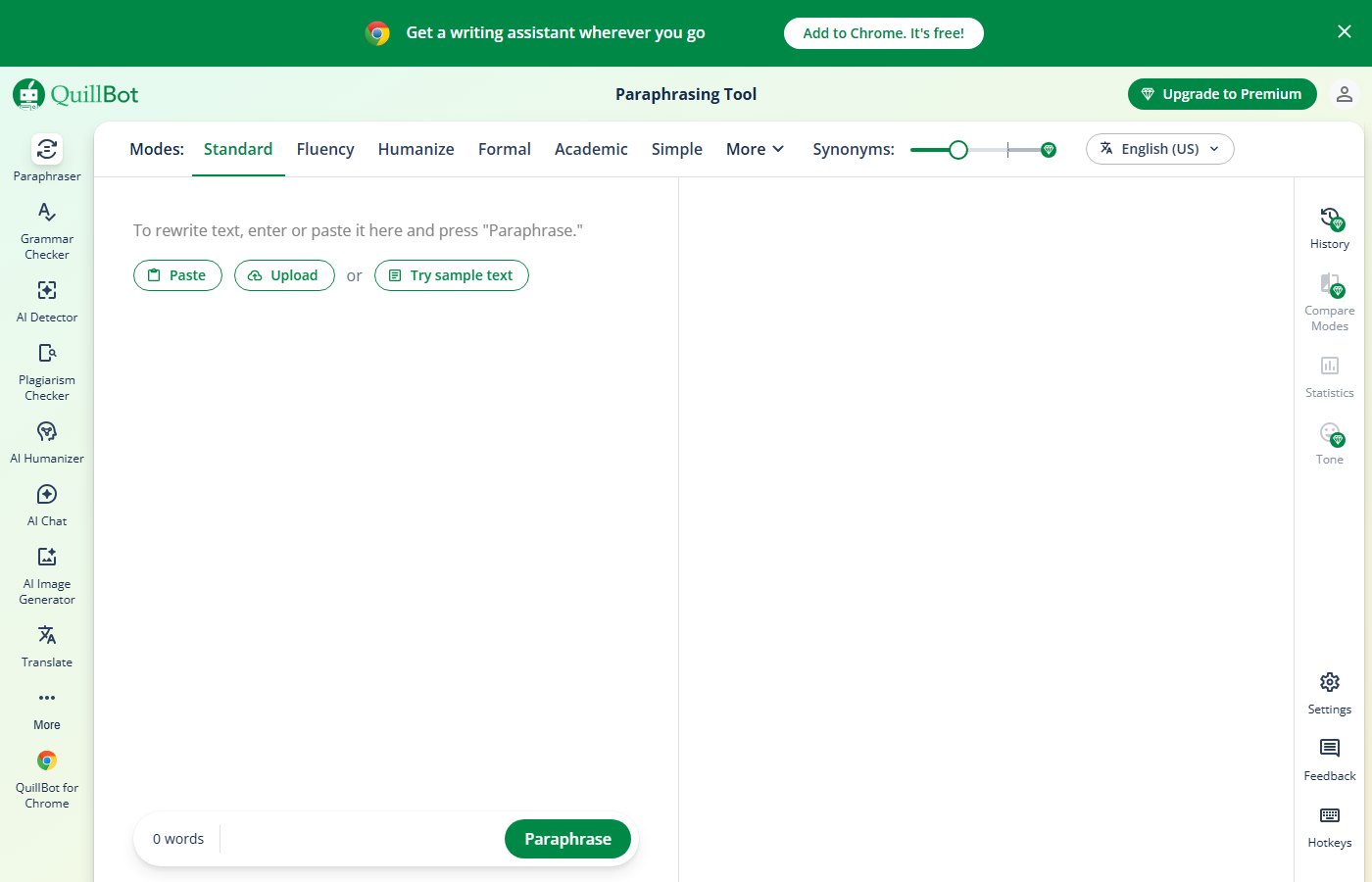 QuillBot paraphrasing tool with multiple rewriting modes including Standard, Fluency, Formal, and Creative