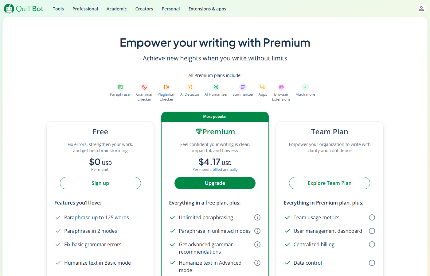 QuillBot pricing for the comparison with Wordtune
