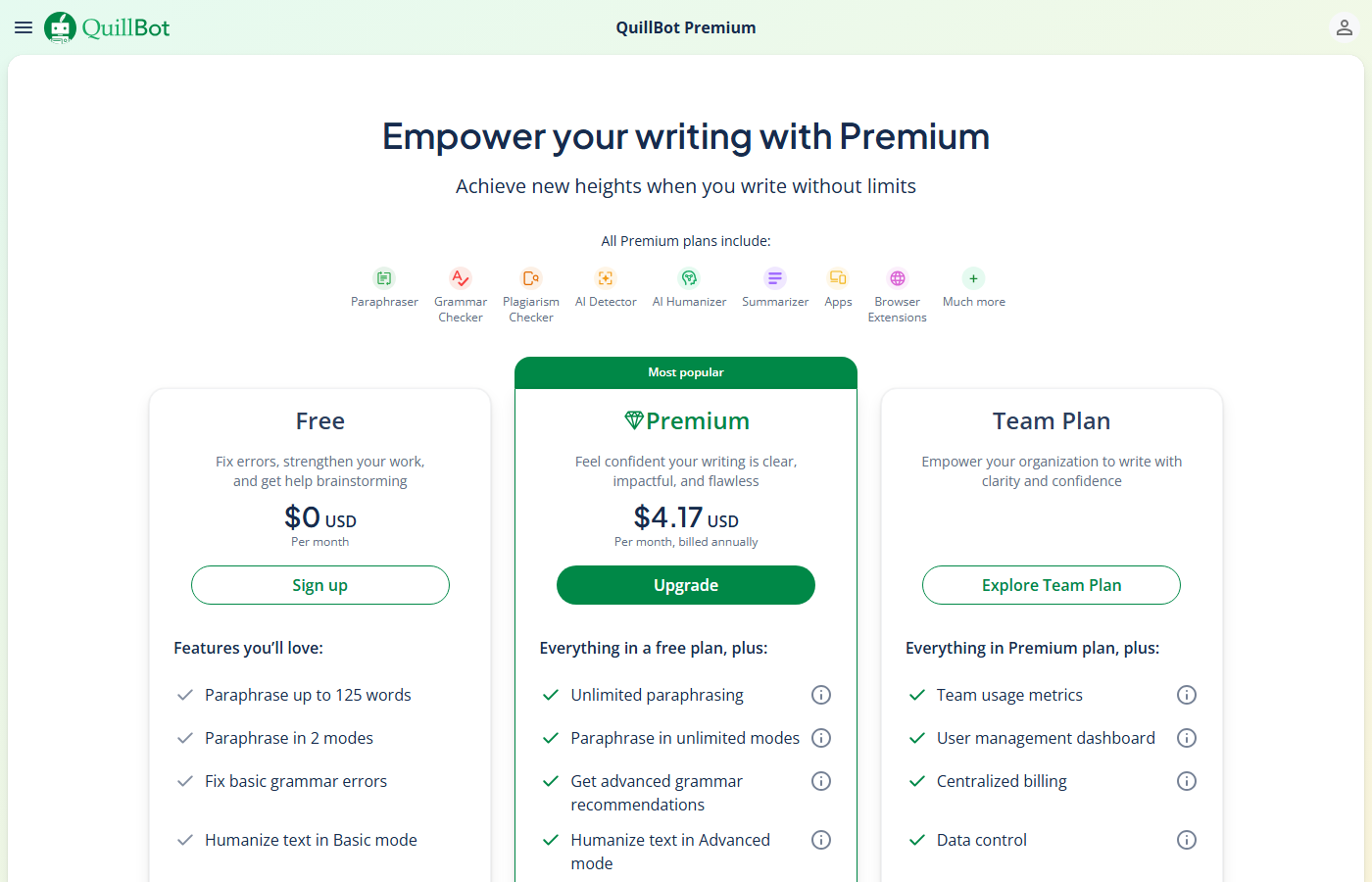 QuillBot pricing plans showing Free and Premium tiers with feature comparisons