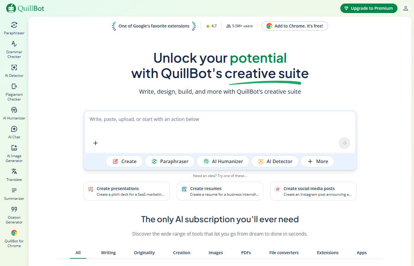 QuillBot writing interface with action buttons for Create, Paraphraser, AI Humanizer, and AI Detector