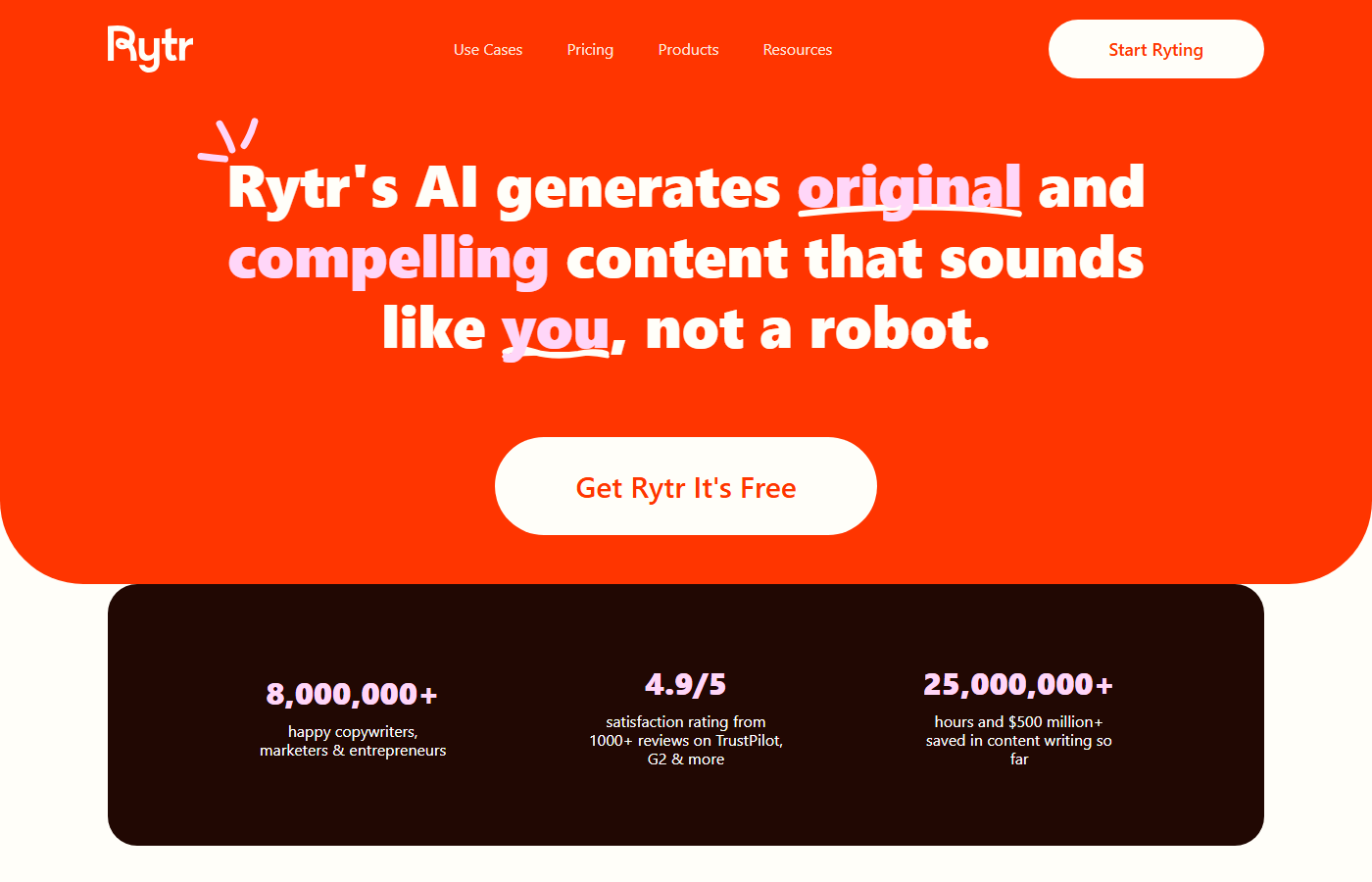 Rytr homepage showing AI writing assistant for generating original content