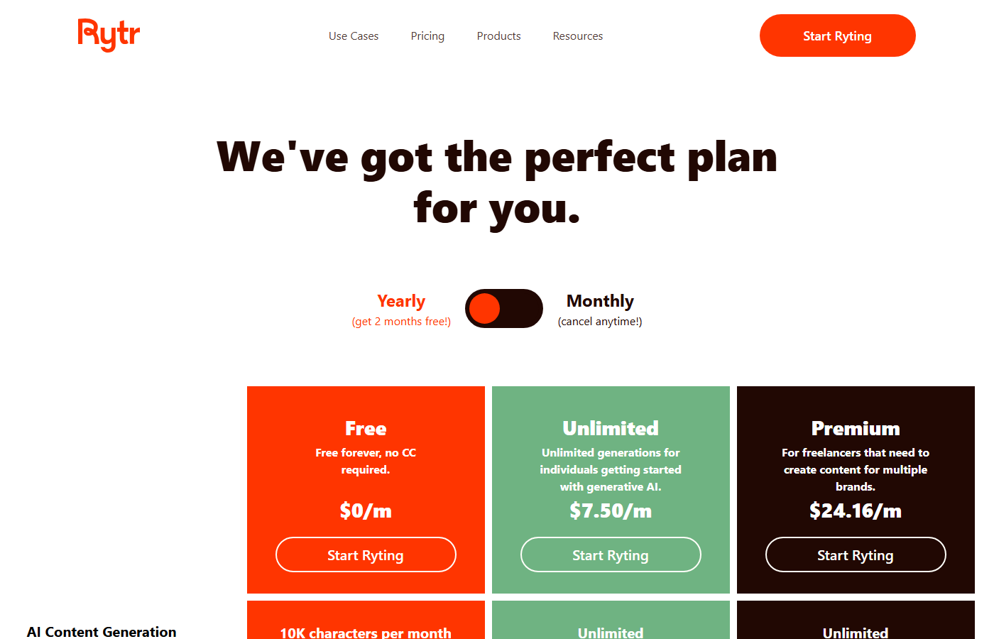 Rytr pricing with Free, Unlimited, and Premium plans starting from $7.50 per month