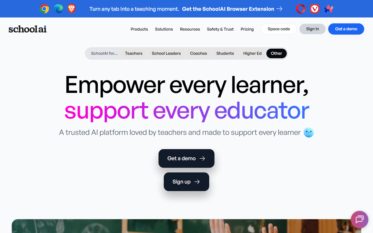 SchoolAI homepage showing student-safe AI spaces with teacher controls