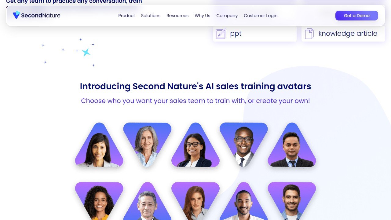 Second Nature AI sales training avatars showing 10 different AI personas available for roleplay practice