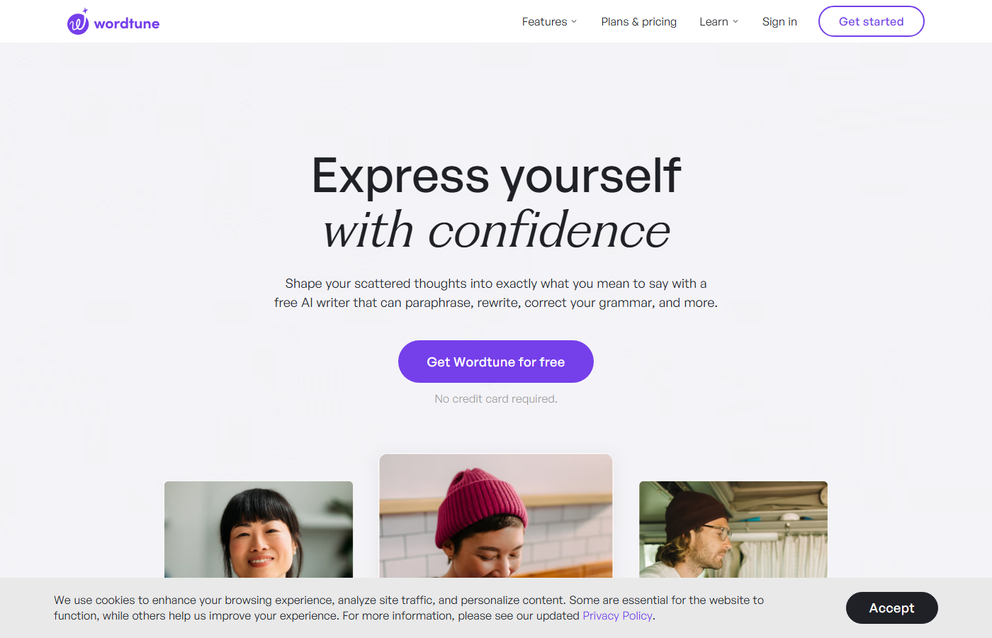 Wordtune homepage showing AI-powered writing assistant for rewriting and refining text