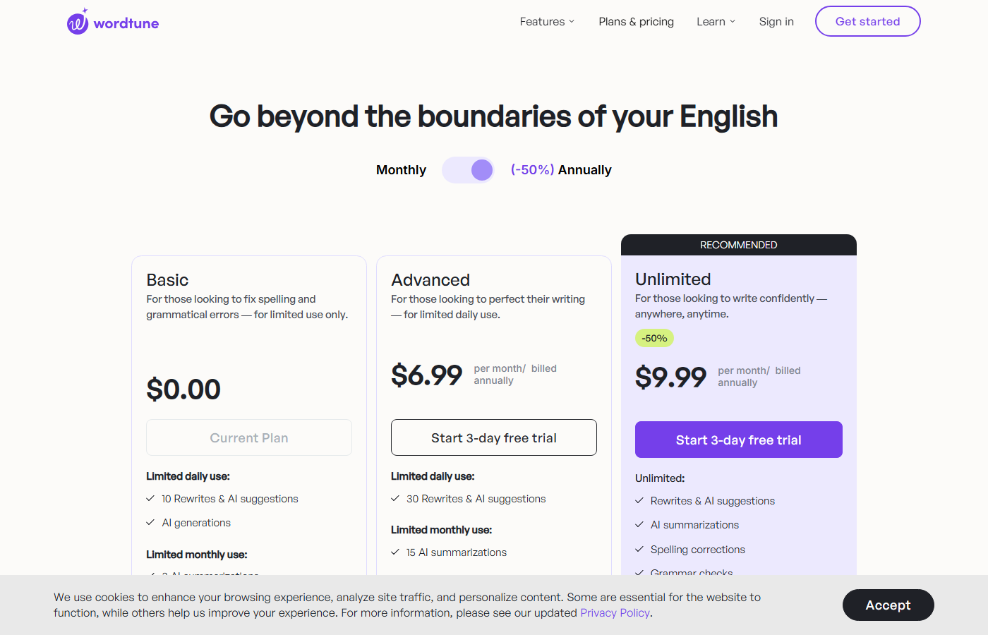 Wordtune pricing plans showing Free, Advanced, and Unlimited tiers