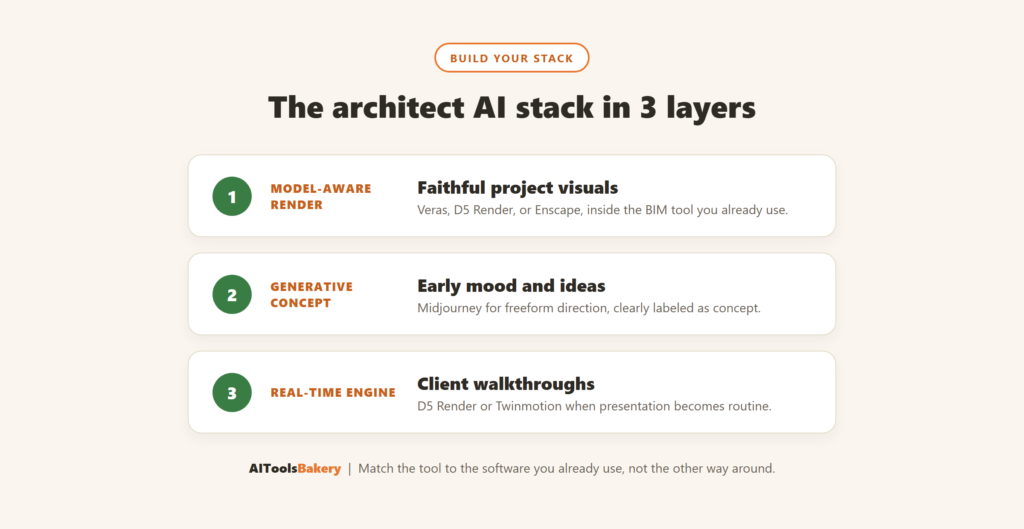 The architect AI stack: model-aware renderer, generative concept tool, and real-time engine