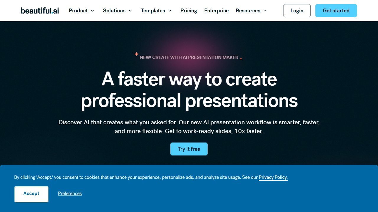Beautiful.ai AI presentation tool homepage, a polished Gamma alternative for PowerPoint export fidelity