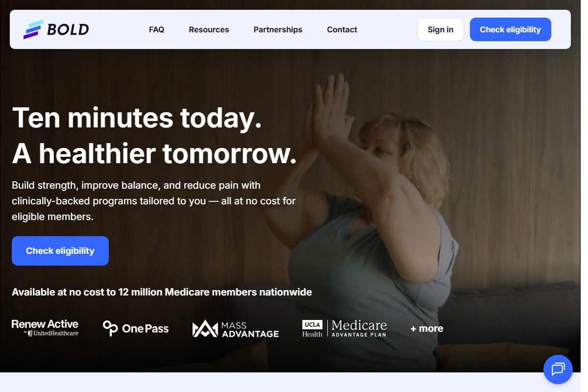Bold senior fitness and mobility app homepage interface