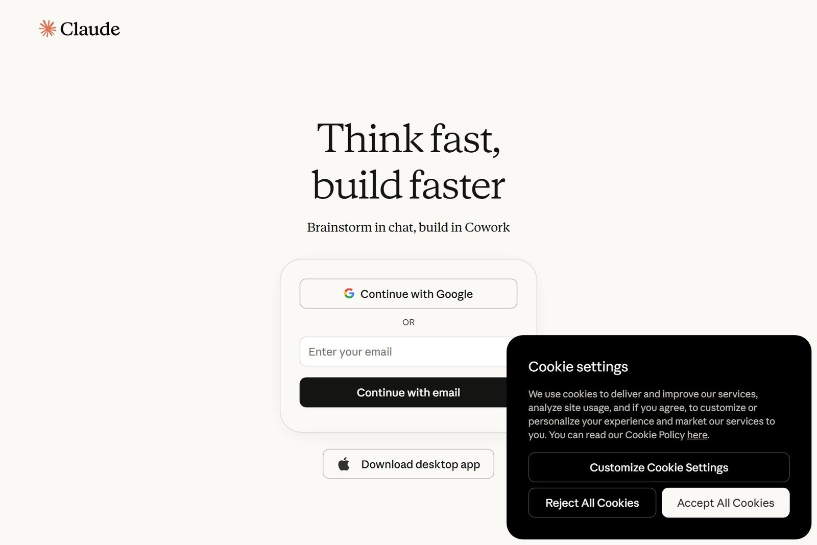 Claude AI assistant homepage interface