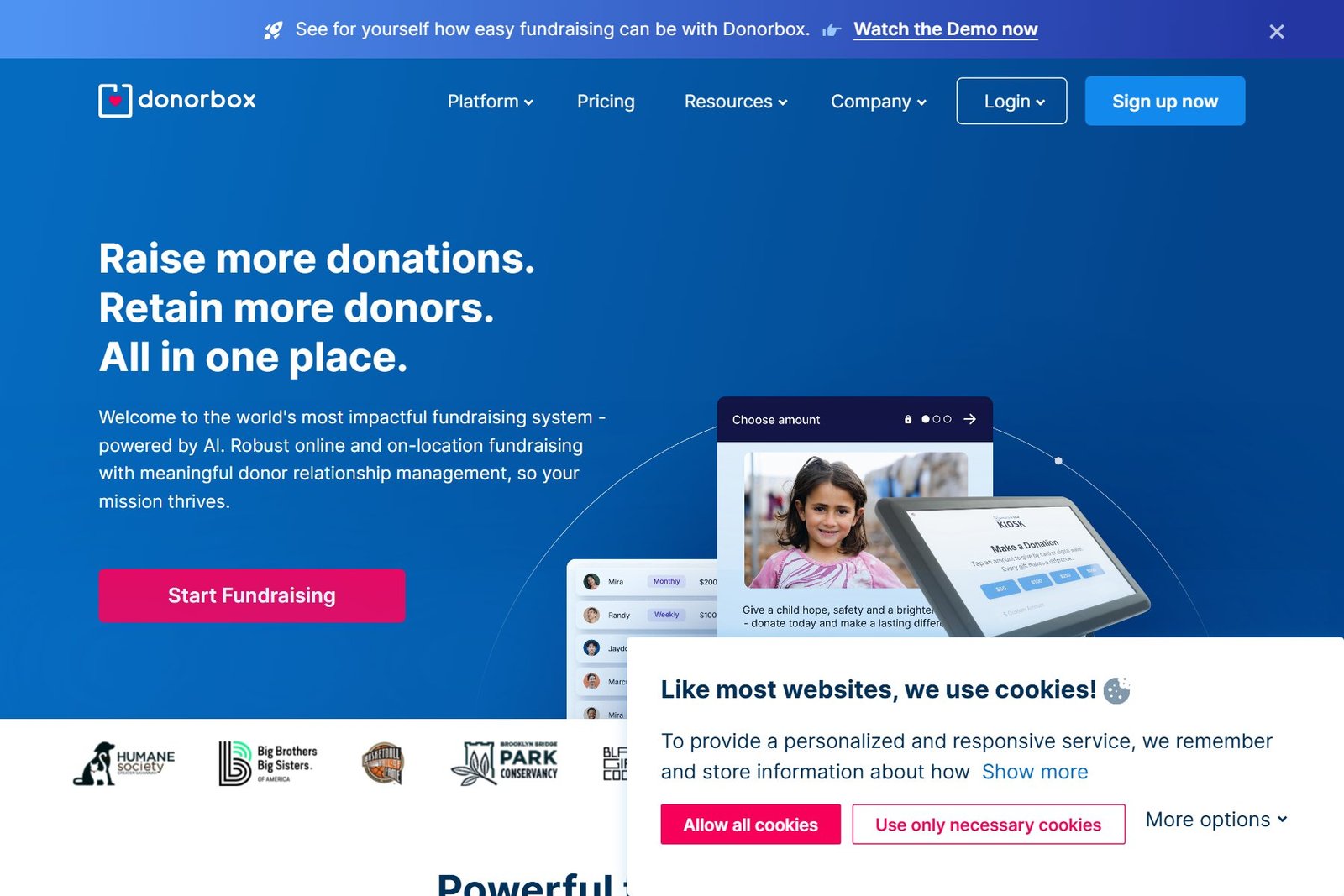 Donorbox nonprofit donation platform homepage interface