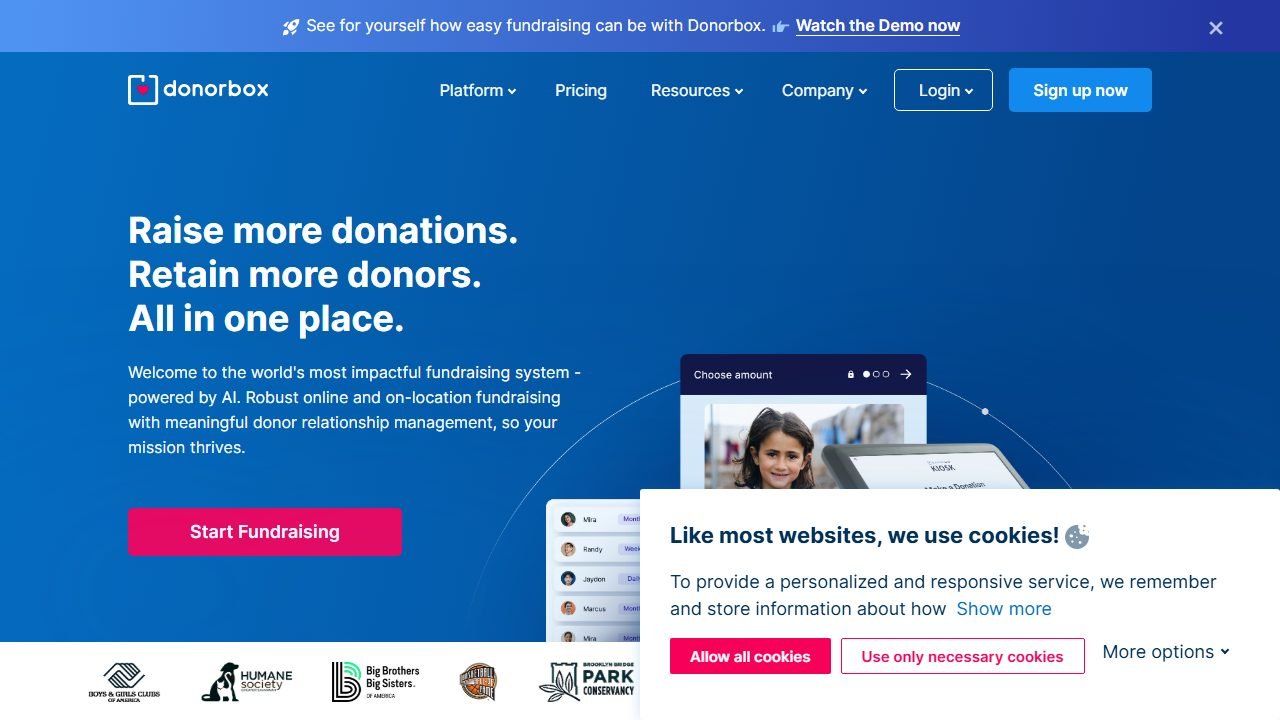 Donorbox homepage and interface