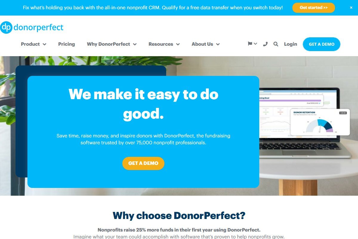 DonorPerfect fundraising CRM homepage interface