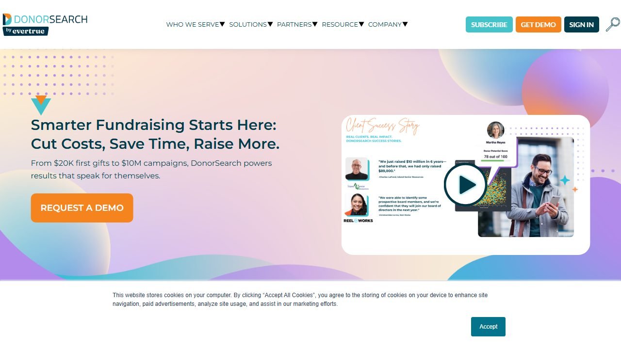 DonorSearch AI homepage and interface