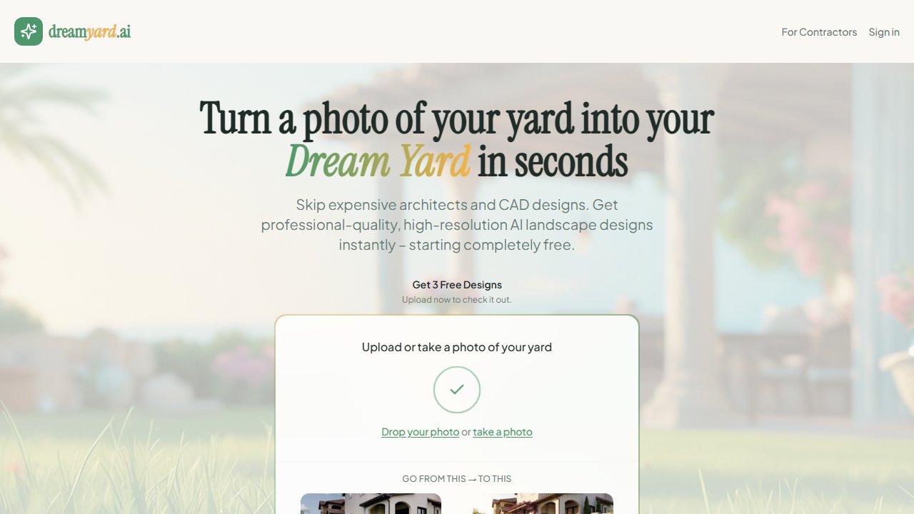 Dreamyard AI landscape design app homepage interface