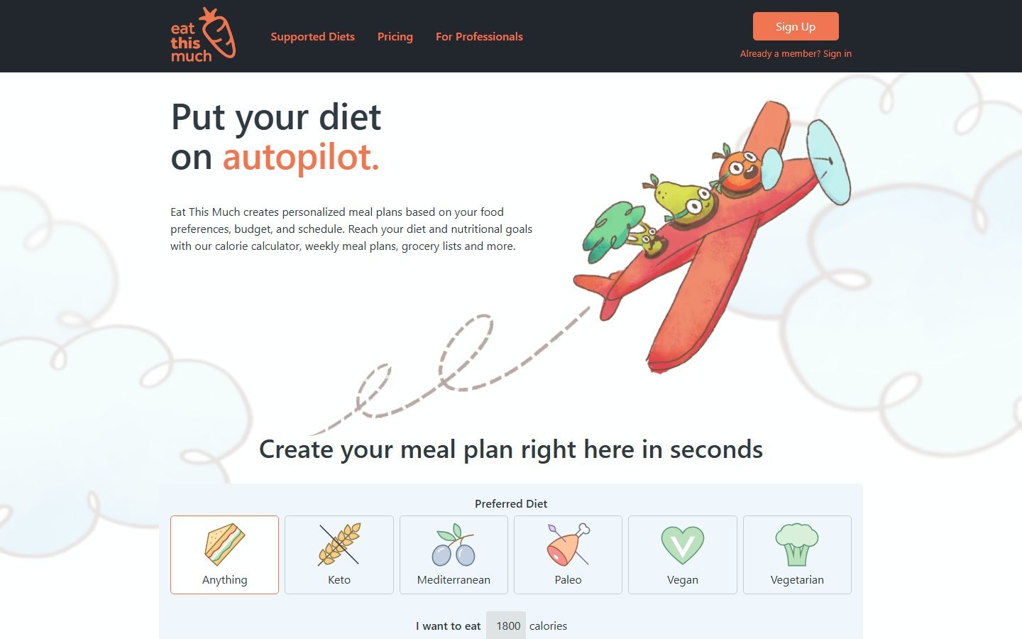 Eat This Much homepage screenshot - ai meal plan generator for fitness goals
