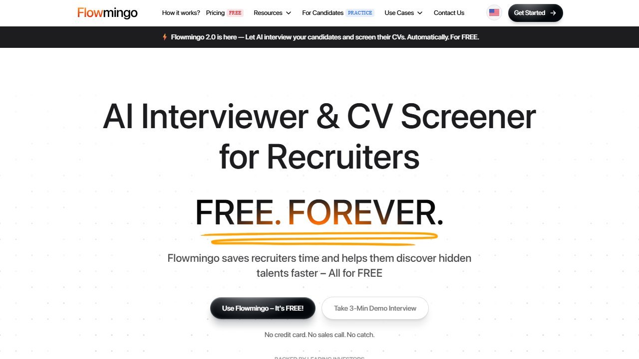 Flowmingo AI interviewer and CV screener homepage, free forever for recruiters