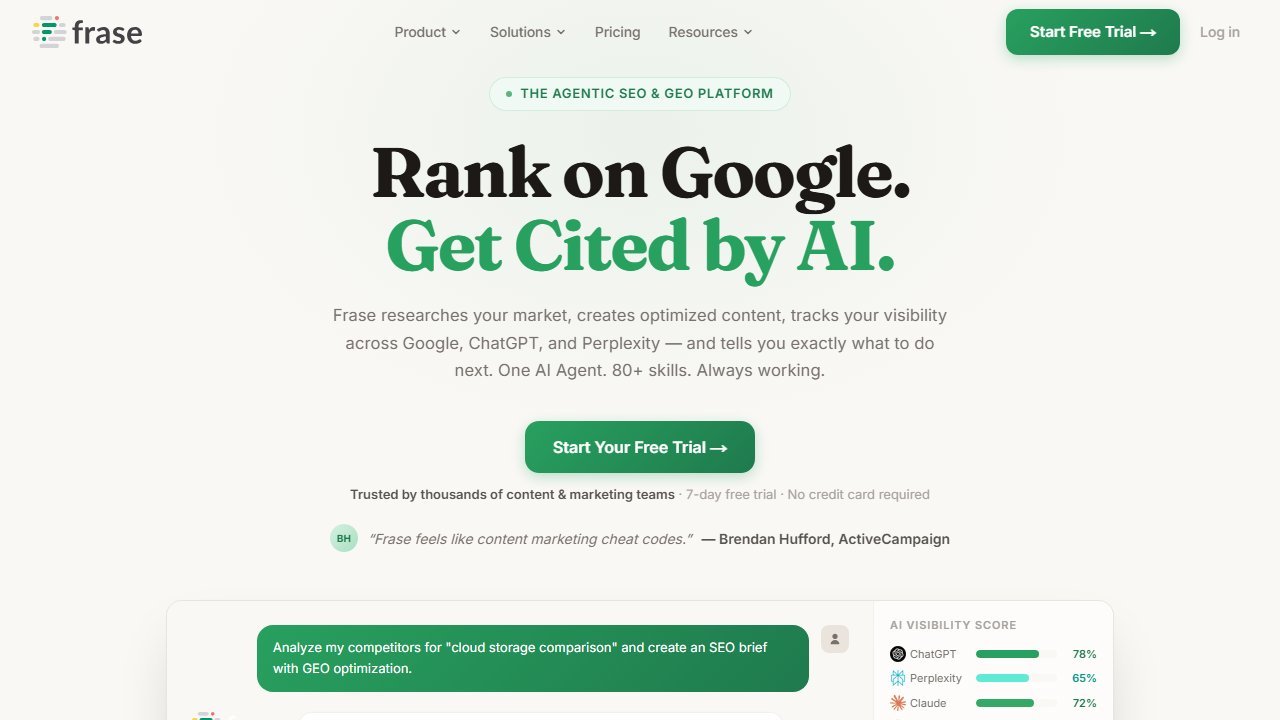 Frase content brief and AI writer homepage with native GEO scoring