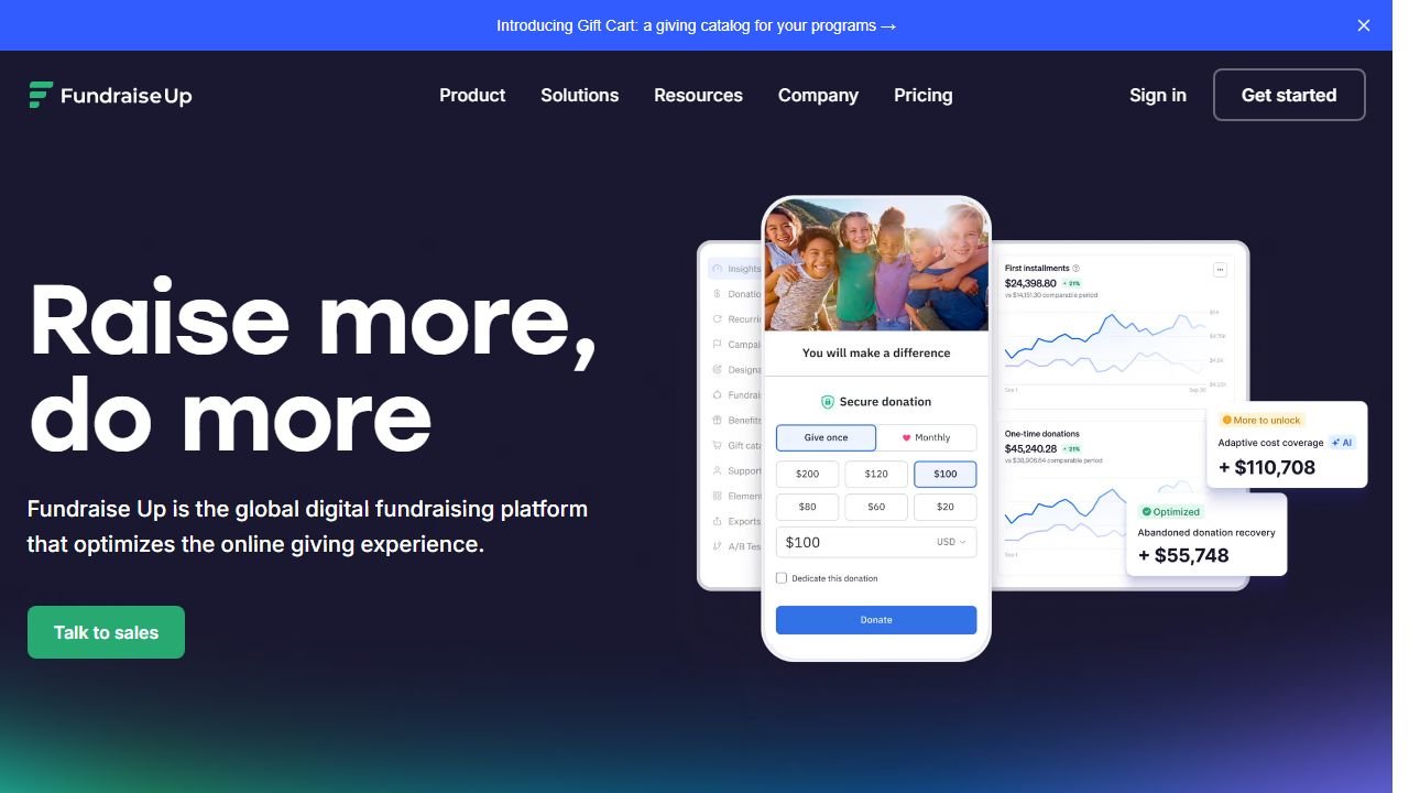 Fundraise Up homepage in 2026