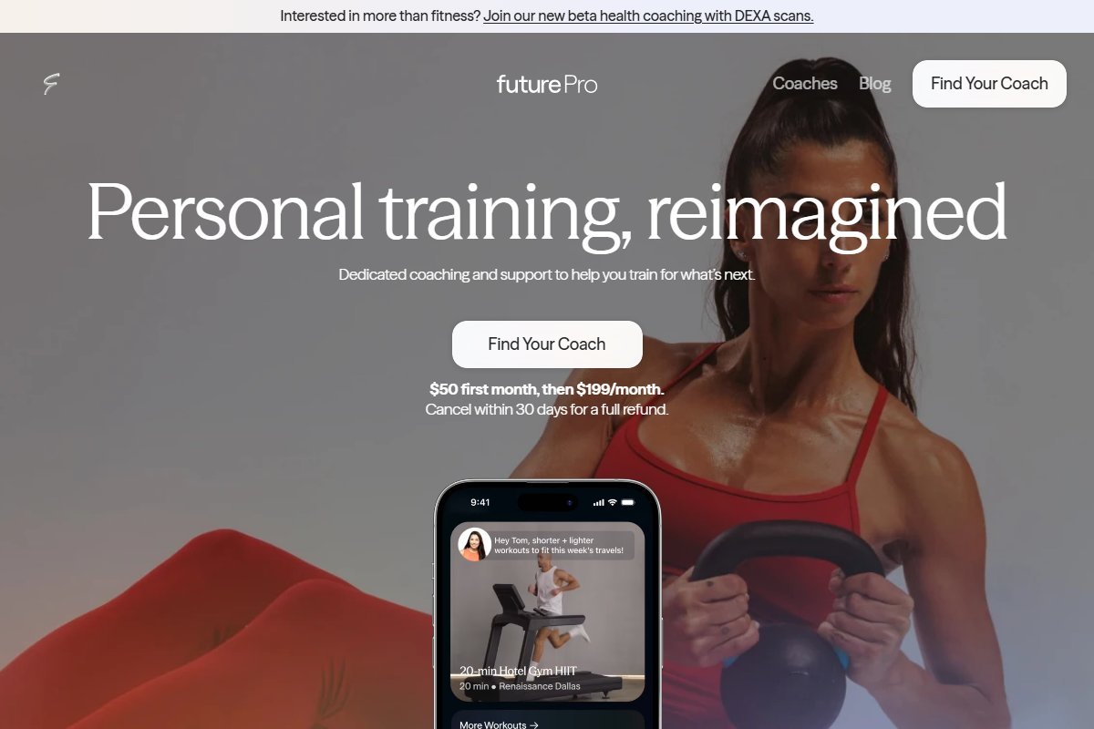 Future personal training coaching app homepage with celebrity trainer interface