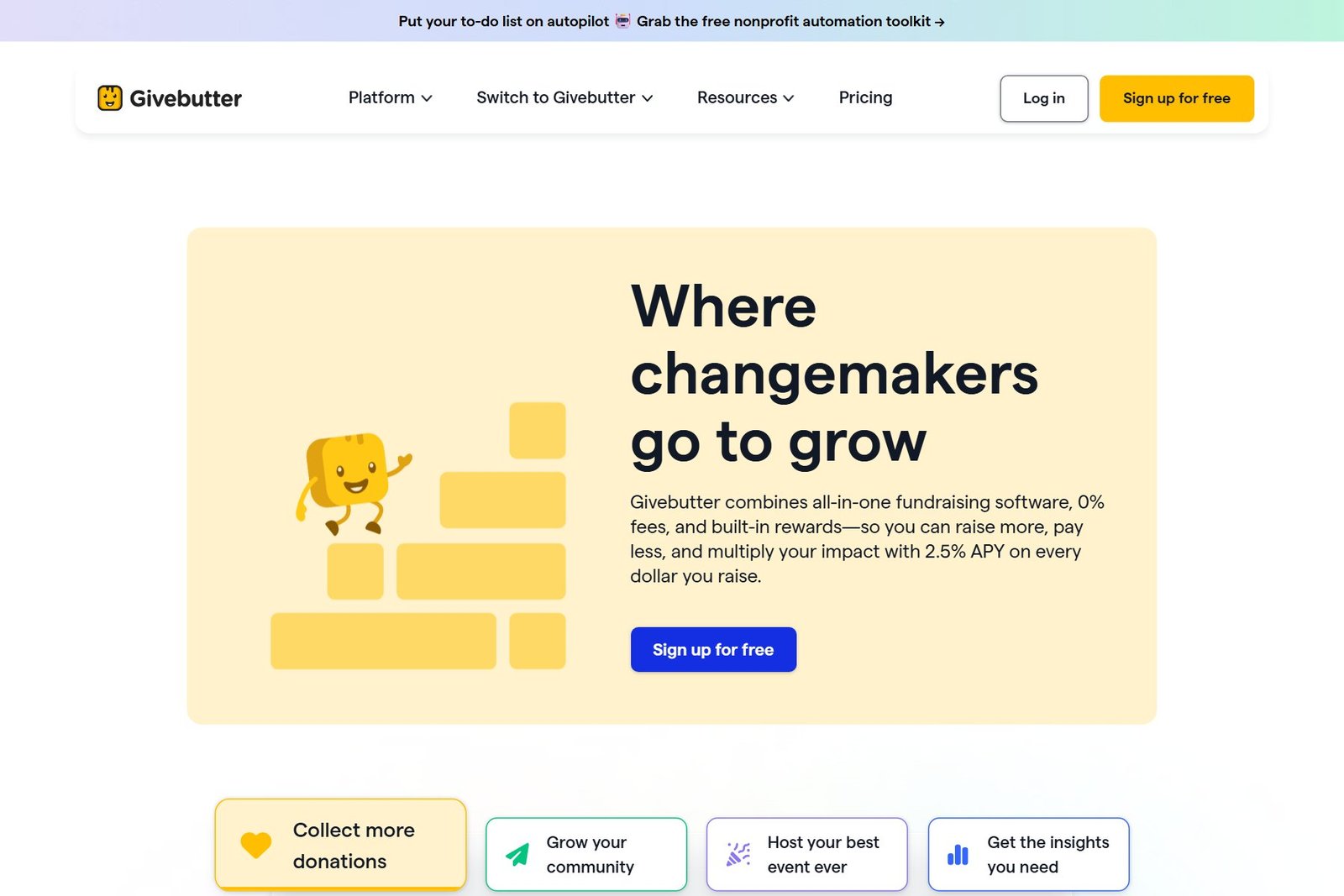 Givebutter free nonprofit fundraising platform homepage