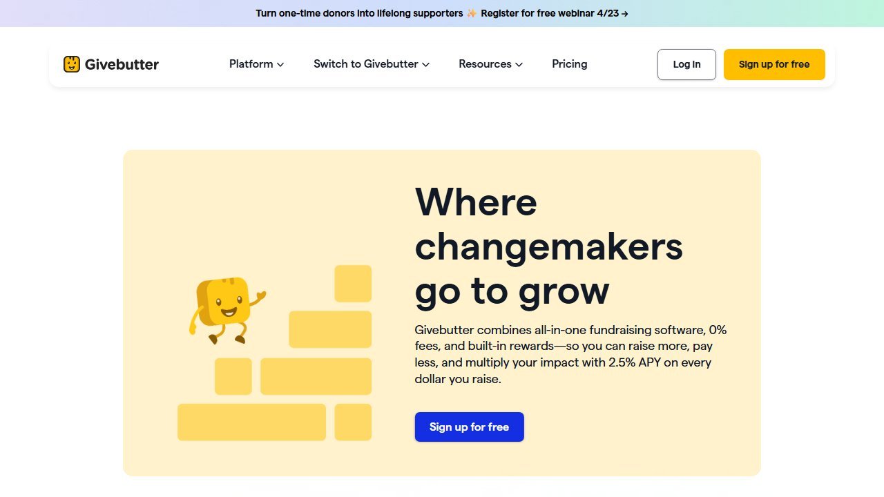 GiveButter homepage and interface
