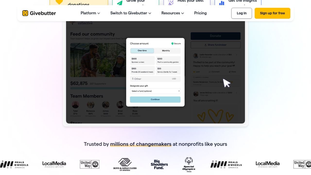 Givebutter features section in 2026