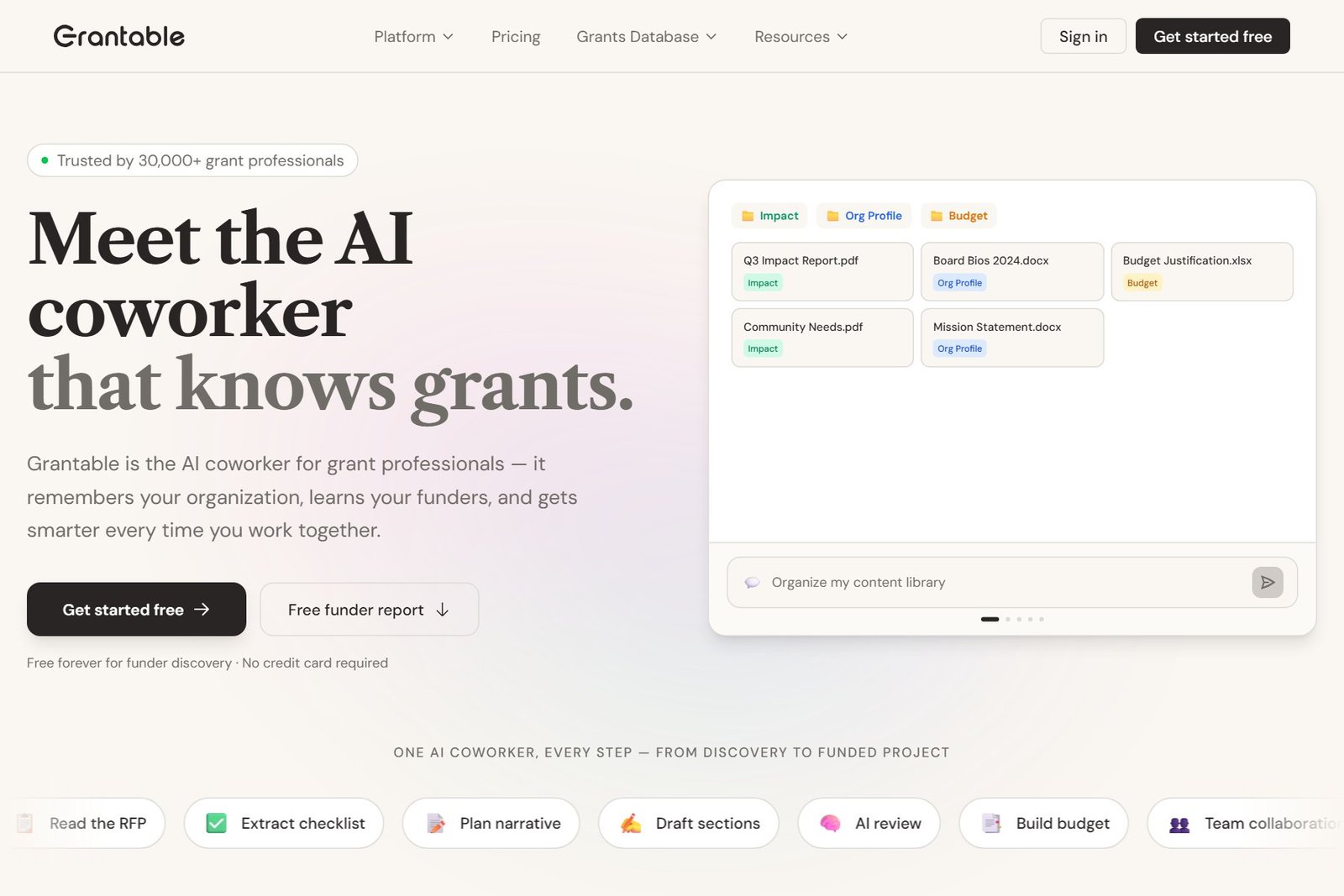 Grantable AI grant writing assistant homepage interface