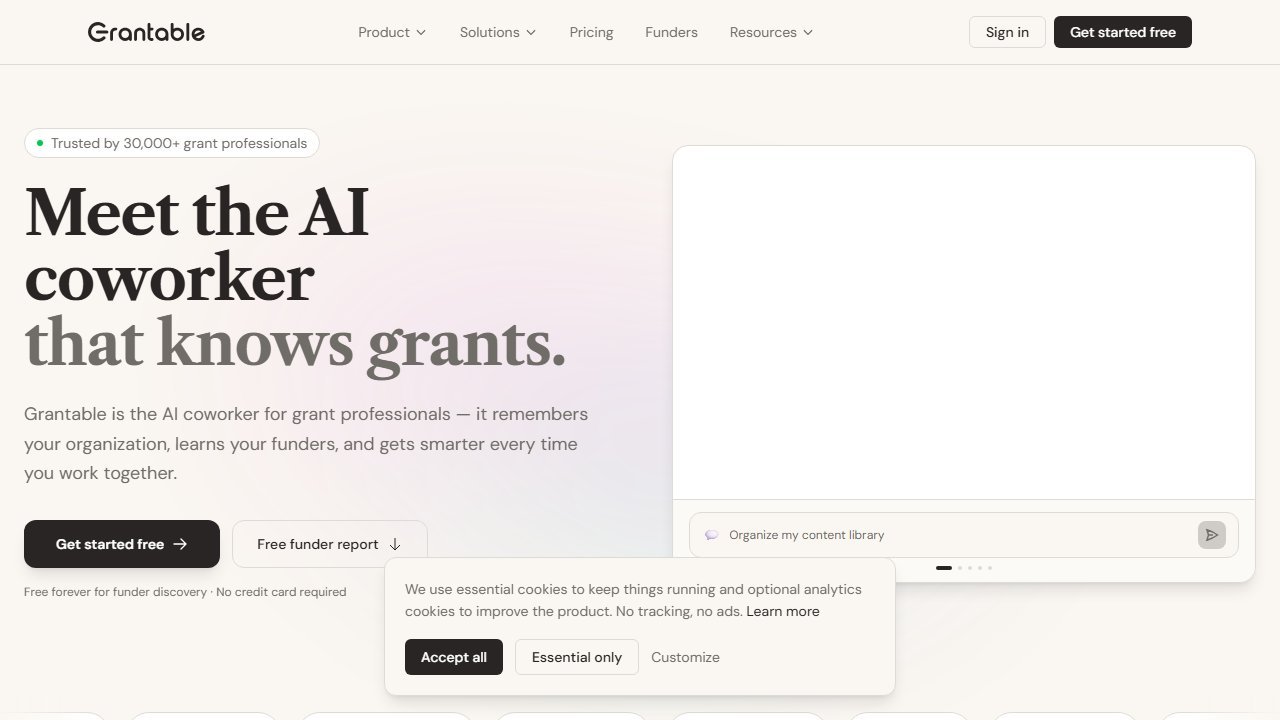 Grantable AI grant writing assistant homepage interface
