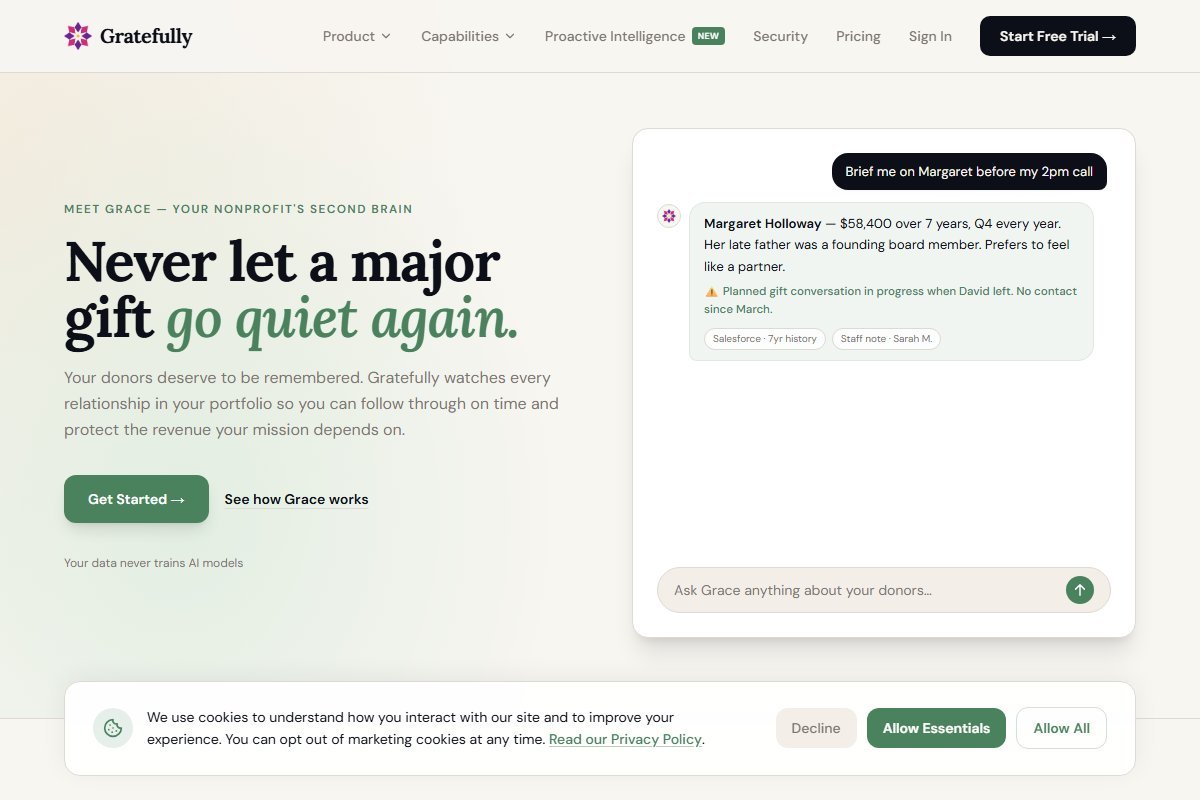 Gratefully Grace AI donor relationship platform homepage