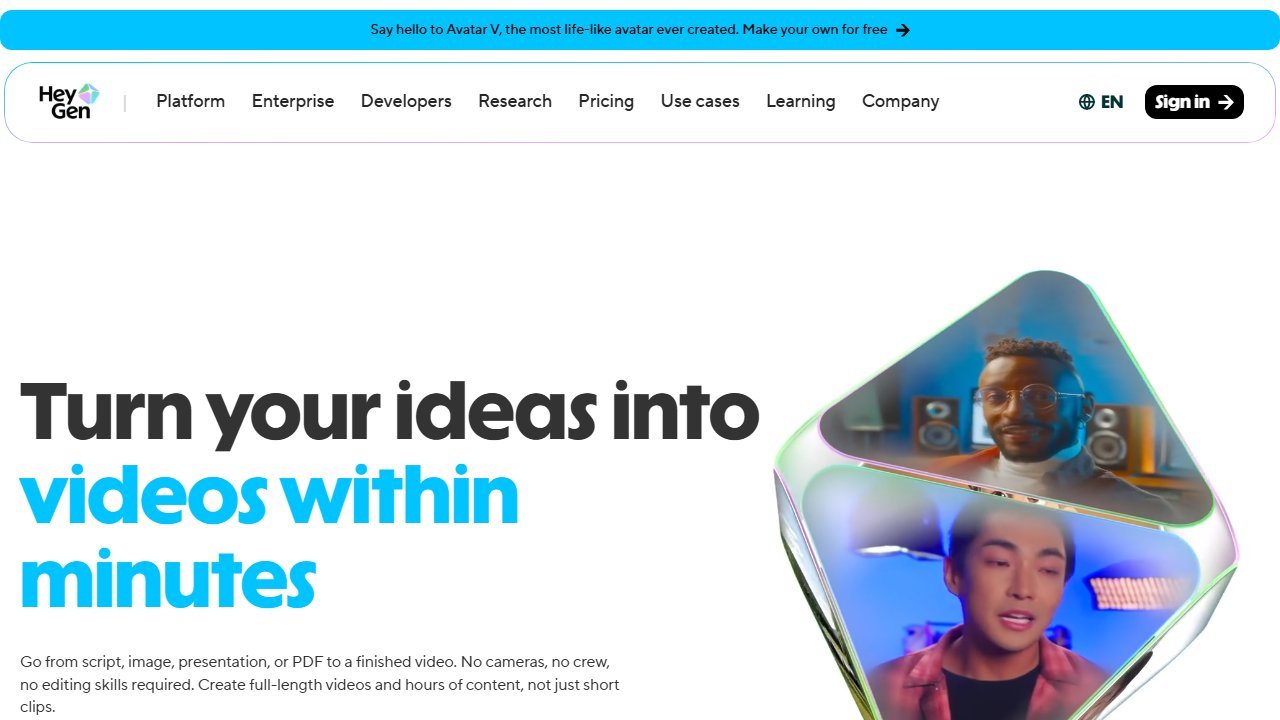 HeyGen AI video tool homepage, best free tier for talking-avatar explainer videos