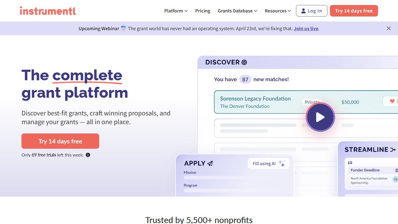 Instrumentl grant prospecting platform homepage interface