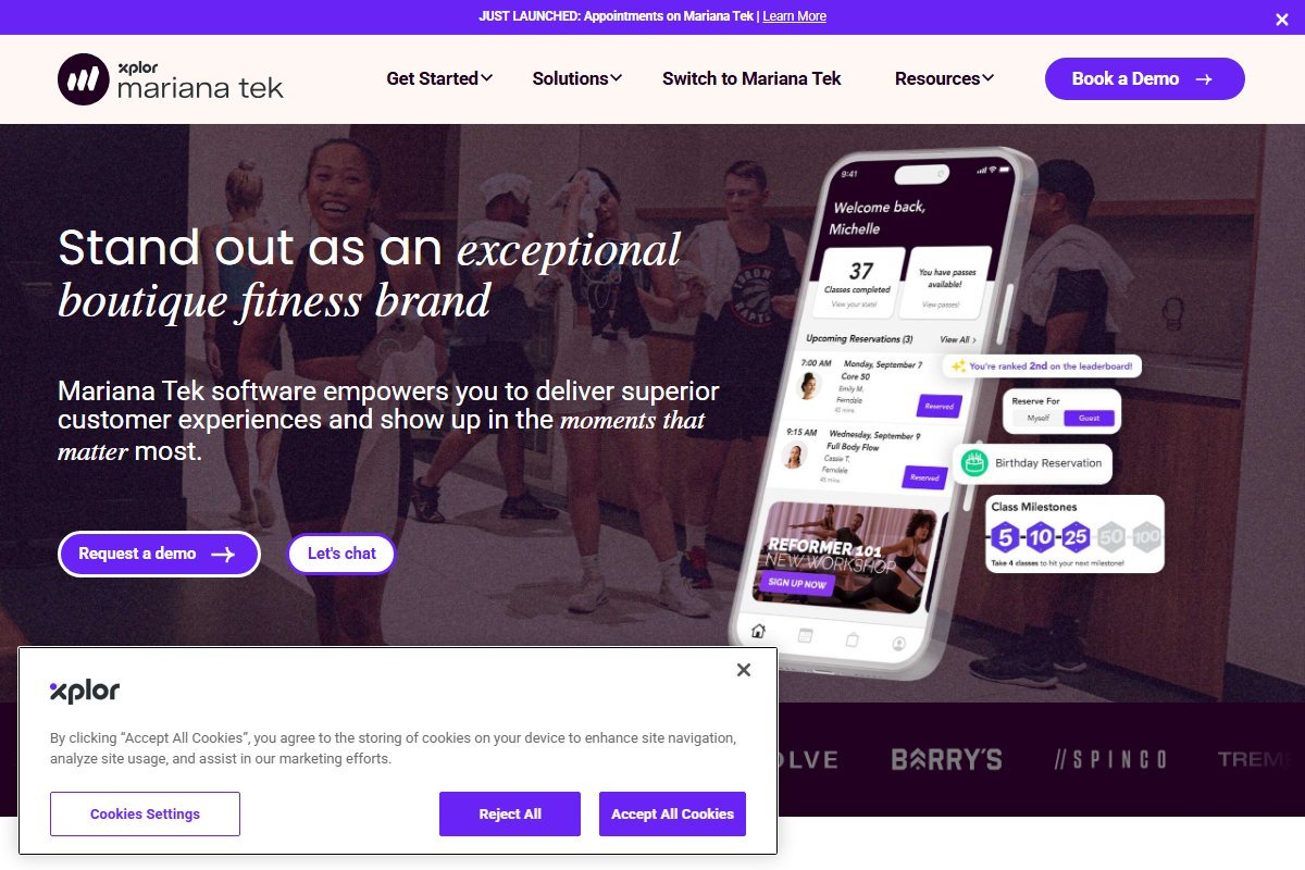 Mariana Tek boutique fitness studio software homepage