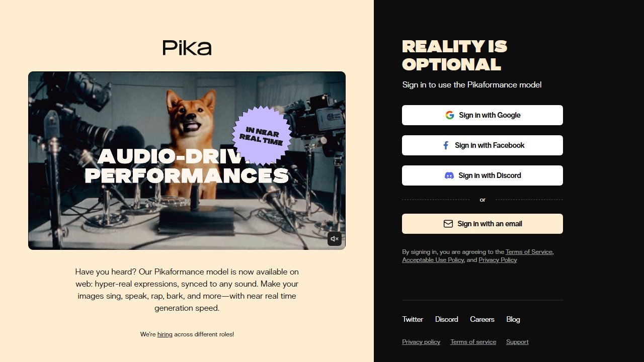 Pika AI image to video tool homepage, 150 monthly free credits and no watermark