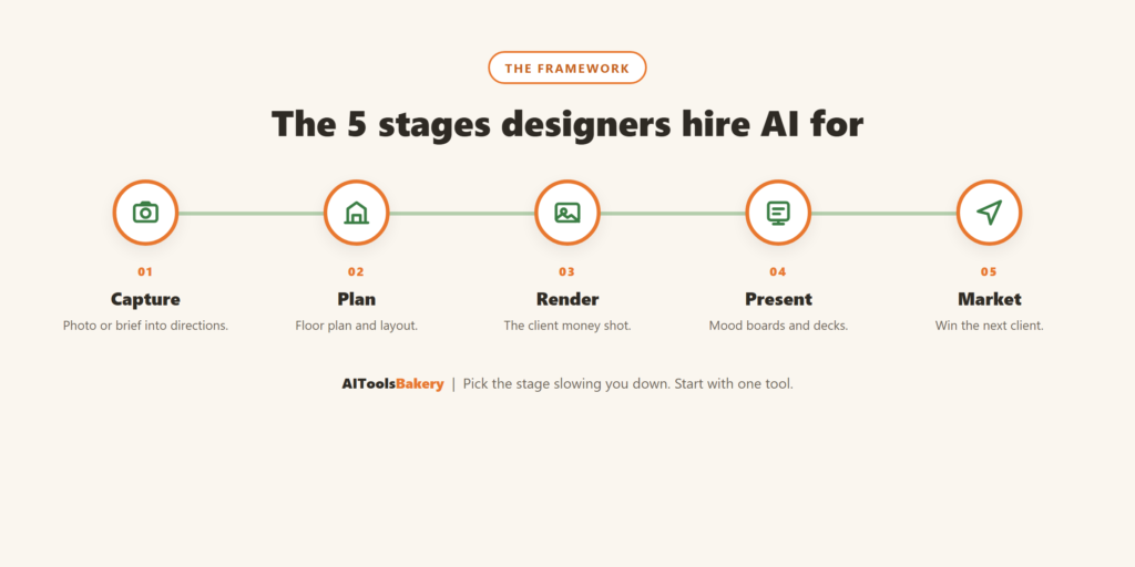 The five stages interior designers hire AI for: capture, plan, render, present, market